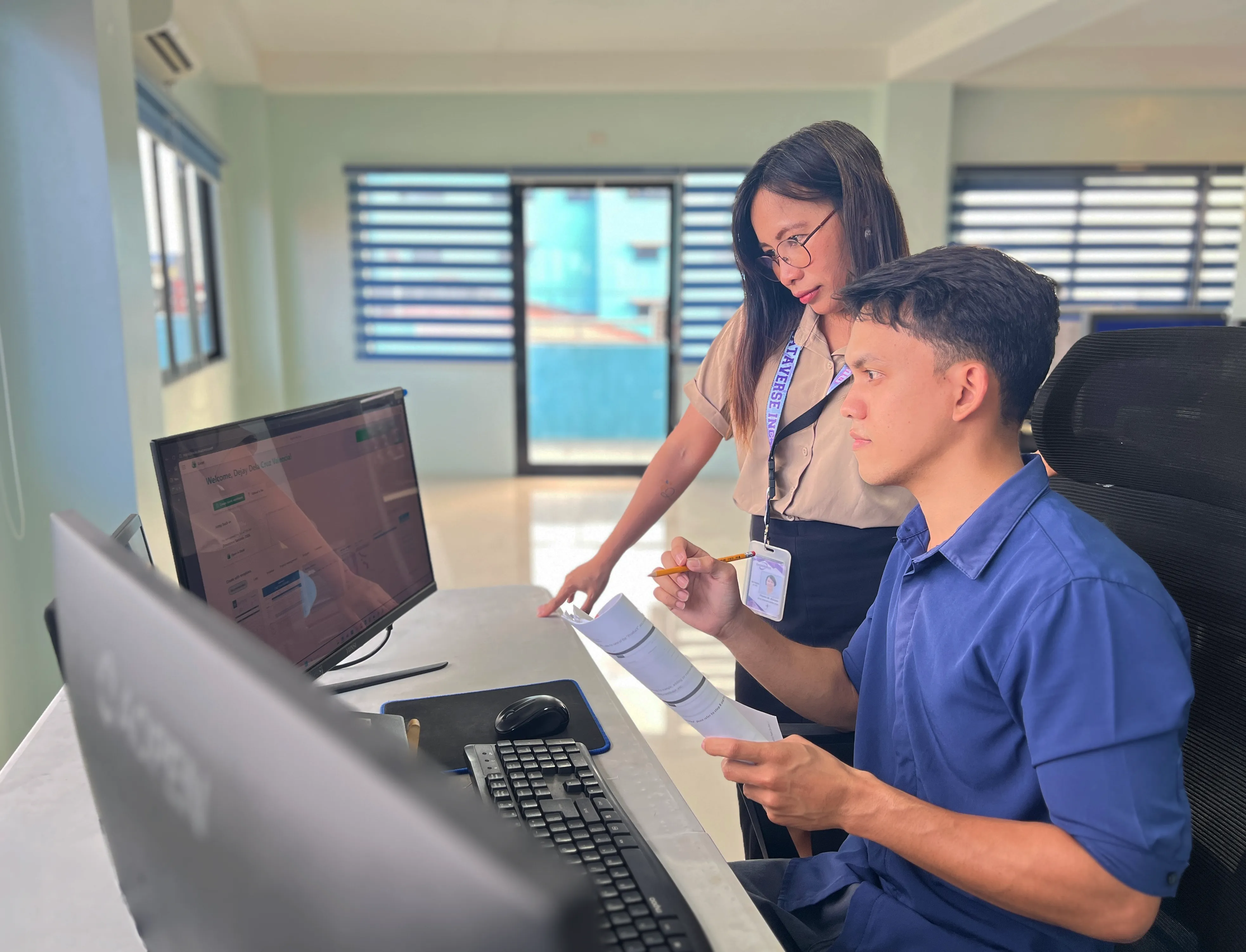 Transcriptionist working with audio equipment